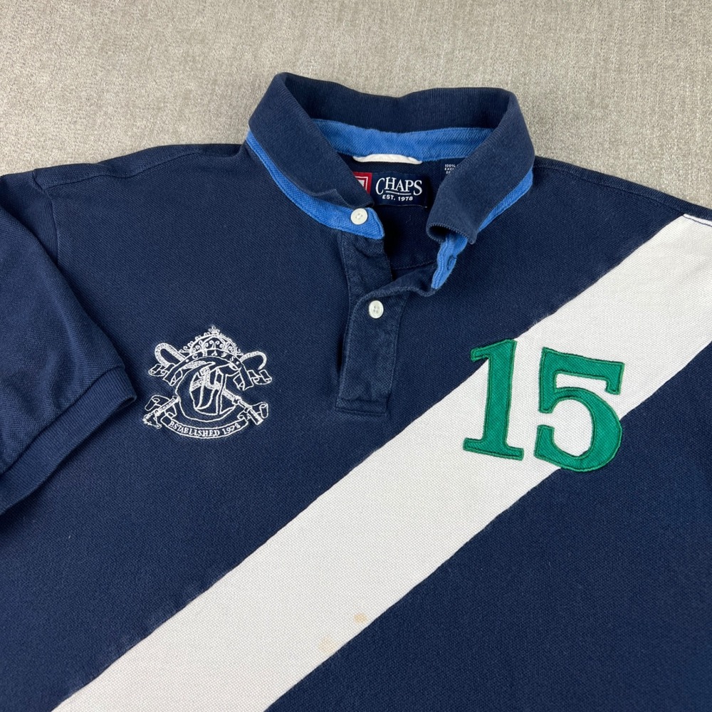 Y2K Chaps Rugby Polo Shirt Mens Large Navy Blue Sash Number 15 Crest Cotton
